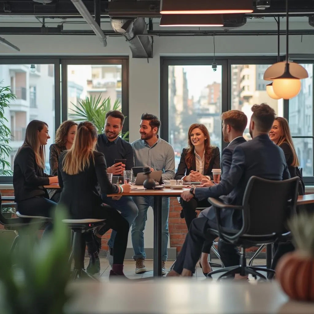 Equipo de consultores reunido con pequeños empresarios